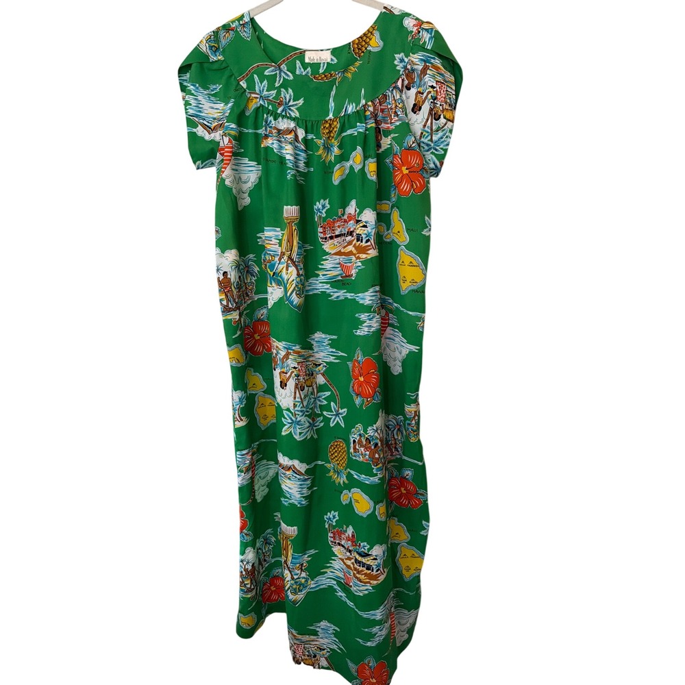 Made in Hawaii Muumuu Dress Green Hawaiian Map Print Hibiscus Maxi Loungewear